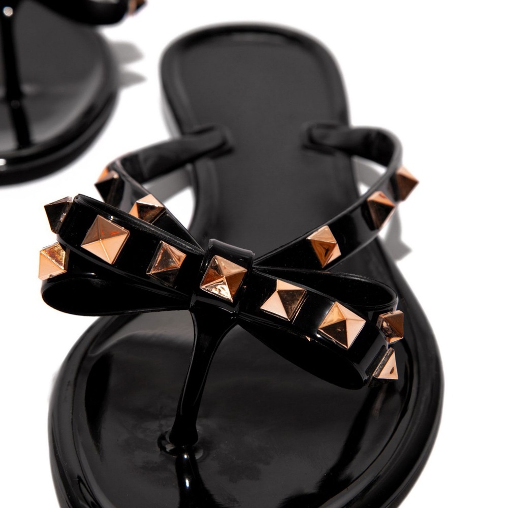 New Black Thong Open Toe Gold Studded Bow Jelly Slide Flat Sandal Flip Flops - Picture 5 of 5